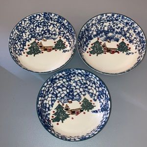 Three Folk Craft Cabin Snow Christmas Bowls